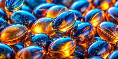 Brightly colored capsules in shades of blue and amber are arranged closely together, reflecting light and showcasing their shiny surfaces in a mesmerizing display