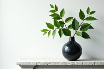 Green branch in black vase on stone mantel, white wall , lighting, interior design