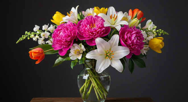 A vibrant bouquet of pink peonies, white lilies, and sunny yellow tulips, arranged in a clear glass vase against a dark backdrop. - Powered by Adobe