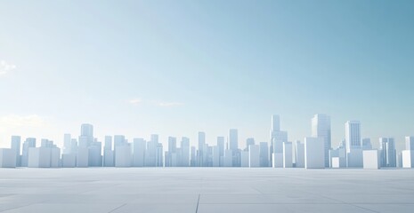 3D render of a minimalistic city skyline made from white cubes, against a clear blue sky, on an empty floor, in a perspective view
