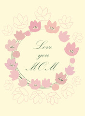 Happy mothers day card. Floral doodle tulips bouquet. Hand drawn illustration