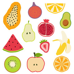 Fruit collection in flat hand drawn style. Vector fruits icon set isolated on white background	
