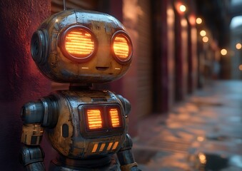 A small metallic robot stands in a brick alleyway next to a wall