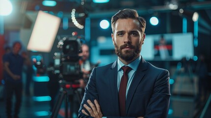 Fototapeta premium TV studio shot, anchor delivering urgent news with authoritative demeanor and professional suit