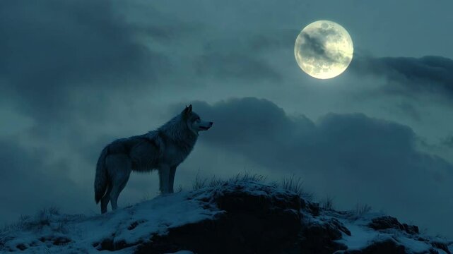 A majestic lone wolf stands on a snowy ridge beneath a glowing full moon, surrounded by misty clouds in a cold, tranquil night scene. The image evokes themes of solitude, strength, and wilderness.