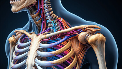 Skeleton structure is displayed with colored muscles and nerves to highlight the human body's anatomy and connectivity in an educational and artistic manner
