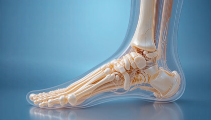 A detailed anatomical model displays the complex structure of the human foot, including bones, ligaments, and tendons, set against a blue background for clarity
