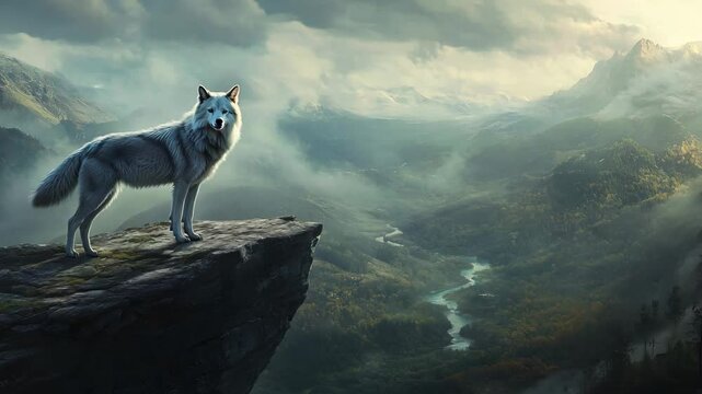 A majestic white wolf stands boldly on the edge of a cliff, gazing over a vast, misty valley filled with winding rivers and distant mountains. The scene evokes a powerful sense of solitude, freedom