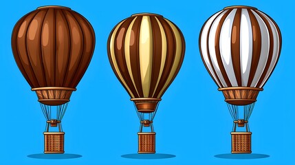 Obraz premium Vintage Hot Air Balloons Floating Against a Bright Blue Sky Representing Adventure and Travel