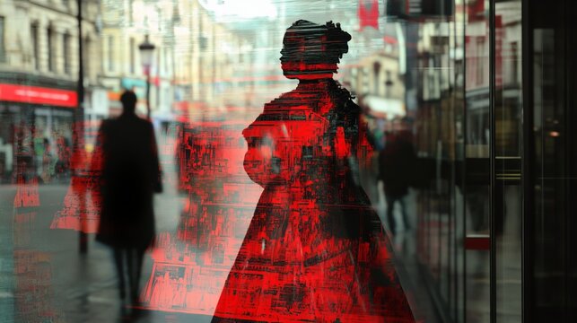 Red dress mannequin in shop window with street reflection and