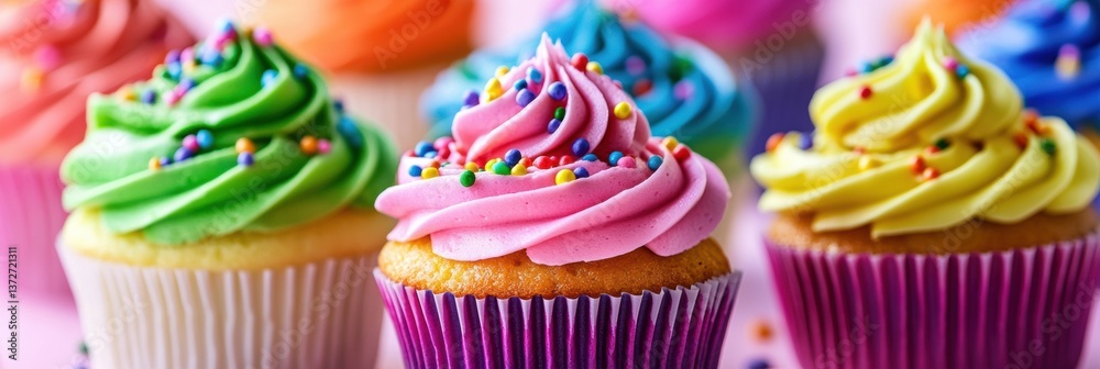 Poster colorful cupcakes with neon icing and rainbow sprinkles create a vibrant sweet display in a bakery s