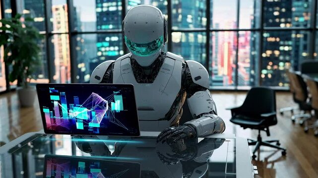 robot humano&iuml;de immobile dans un bureau futuriste analysant un flux de donn&eacute;es sur un &eacute;cran, concept d&rsquo;intelligence artificielle en traitement et m&eacute;moire d&rsquo;apprentissage