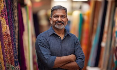 smiling indian man fabric vendor standing with arms crossed in textile shop. small business owner from india in marketplace selling colorful fabrics for clothing material.