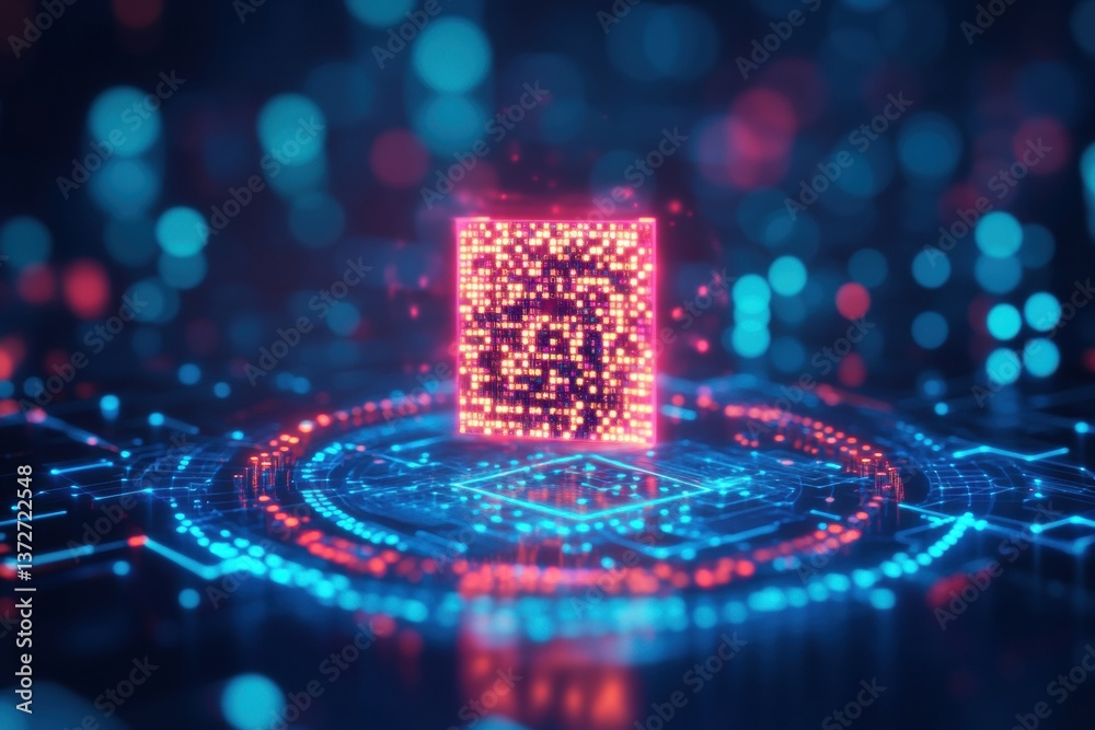 Poster Digital QR code illuminated in a futuristic blue-lit environment with an abstract focus on financial security and glowing soft light features