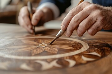A craftsman meticulously inlays a wooden surface, showcasing skilled artistry and intricate patterns in woodworking.