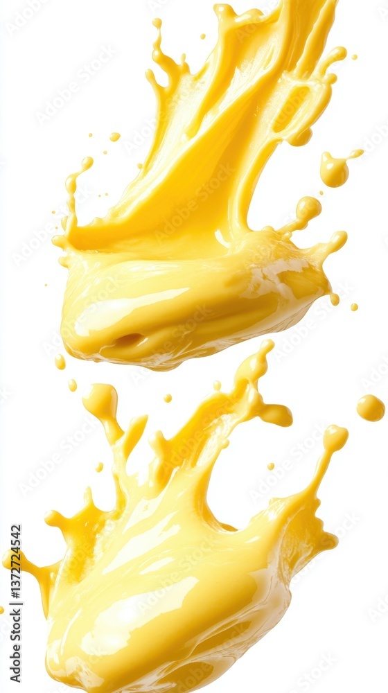 Poster vibrant mango juice explosion against a pristine white backdrop dynamic splash of refreshing tropica