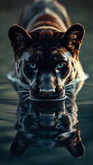 Black panther in the water at the pond.