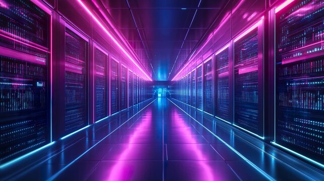 Futuristic data center corridor with vibrant neon lighting and server racks