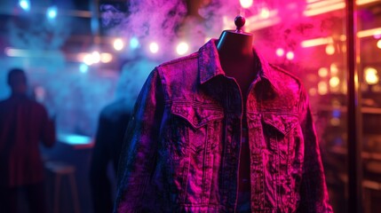 Fototapeta premium Mannequin wearing a denim jacket in a nightclub setting with
