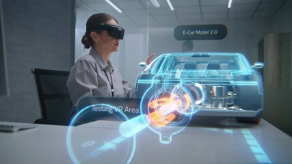 Female Automotive Engineer Wearing Headset Uses Augmented Reality Hologram to Create 3D High-Tech Electric Vehicle on Li-Ion Battery. Renewable Energy Car Design. Advanced Artificial Intelligence. - Powered by Adobe