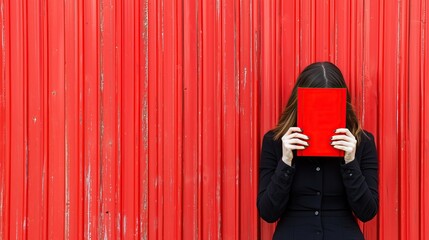 Young woman with brown hair holding red book in front of face standing against red metal wall