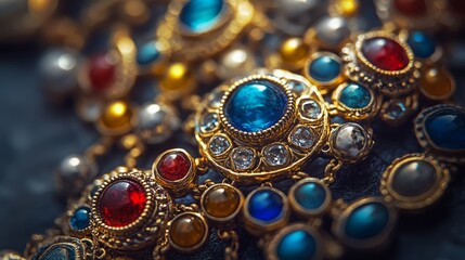 Ornate gold jewelry with colorful gemstones and pearls on a