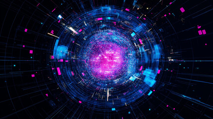 Obraz premium Digital Realm: A mesmerizing, abstract digital rendering of a vibrant, glowing sphere bursting with dynamic energy and intricate interconnected pathways.