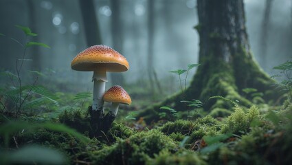 Fototapeta premium Mushroom in a forest, misty atmosphere with damp moss, diffused light creating a mystical and serene setting, soft focus on surrounding foliage