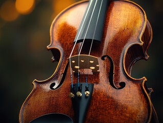 A close-up view of the body and neck of a violin, highlighting its intricate craftsmanship and acoustic properties.