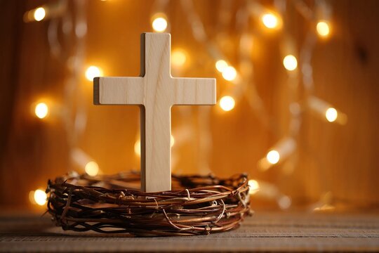 croix chrétienne et couronne de branchages avec lumière divine - Powered by Adobe