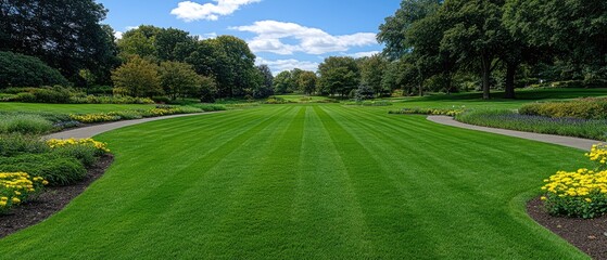 Lush green lawn extends to trees under a bright sky. Flowers line a curved path