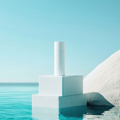 Minimalist presentation of white bottle on geometric platforms against a turquoise water and sky background, evoking serenity and cleanliness.