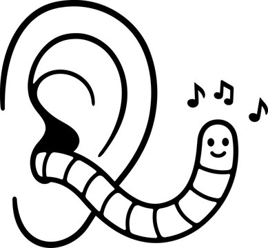 Cartoon earworm funny drawing. Cute worm sticking out from ear and music notes. Isolated vector clip art illustration.