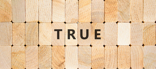 True symbol. Concept word True on beautiful wooden blocks. Beautiful wooden blocks background....