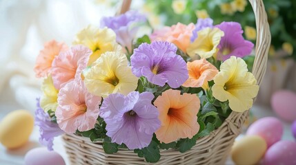 Obraz premium Colorful Pansy Flowers in Basket with Easter Eggs on Table