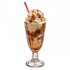 Decadent caramel sundae in glass with whipped cream and red straw against white background studio shot