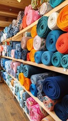 Colorful Fabric Rolls Neatly Stacked on Wooden Shelves in a Textile Shop Abundance of Textile Materials in a Variety of Colors and Patterns