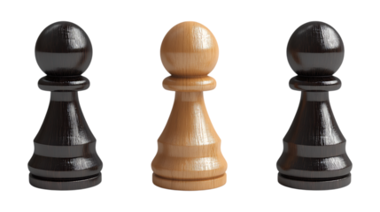 Wooden Pawn Icon Set in Three Poses on Transparent Background for Chess Graphics, Game Illustrations, or Strategy Concepts