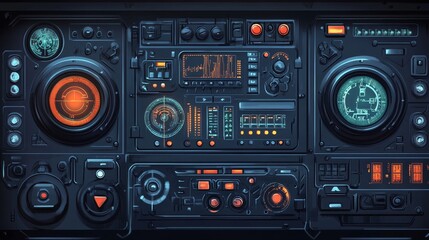 Complex dark control panel with dials buttons and screens science