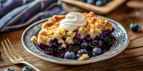 Fototapeta premium Delicious Blueberry Cobbler with Whipped Cream on Wooden Table with Blueberries and Fork