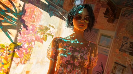 Fototapeta premium Woman with short hair wearing sunglasses and floral dress in