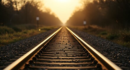 Fototapeta premium Railroad Tracks Stretching Into Golden Sunset Light Perspective Shot