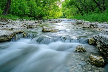 Obraz premium Serene river flows through lush green forest with mossy rocks creating a tranquil nature scene with long exposure
