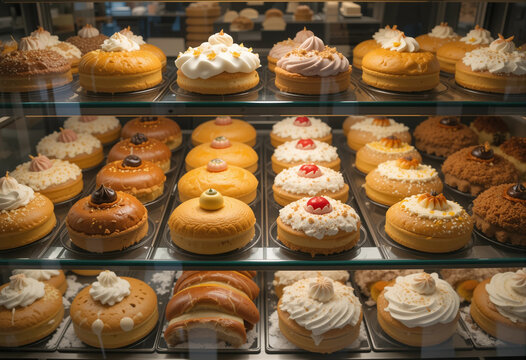 A display case full of various types of donuts. The donuts are arranged in rows and are of different sizes and flavors. The display case is made of glass and is placed in a bakery