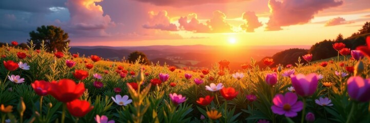 Fototapeta premium Sunset panorama, vibrant wildflowers, idyllic meadow, peaceful, background, beauty