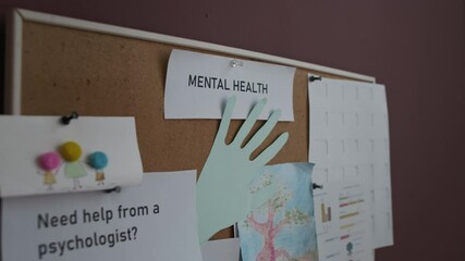 No people close-up shot of Mental Health bulletin board with corkboard surface containing psychologists phone number, childrens drawings documents and cut-out handprints in school psychology office