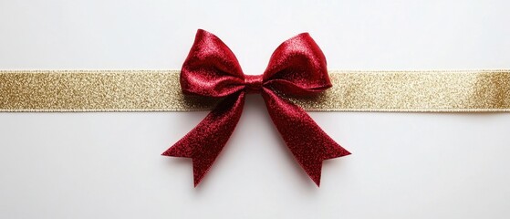 Elegant red glitter bow on gold ribbon against clean white background for festive holiday celebration