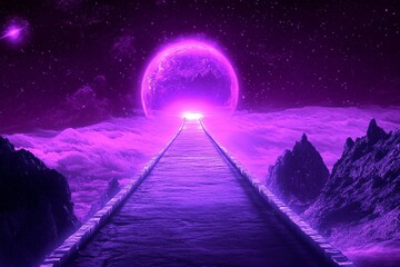 Fototapeta premium A long, glowing bridge connecting two planets, stretching across the vastness of space