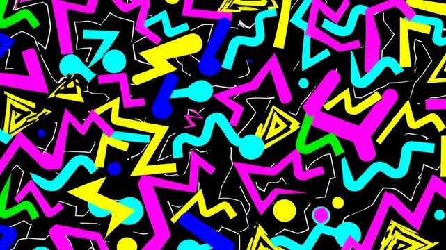 Retro colorful geometric pattern on black, vibrant 80s aesthetic