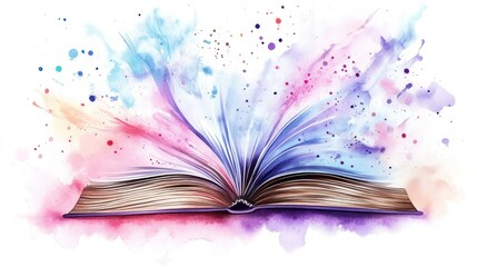 Watercolor painting of an open book with vibrant, colorful pages radiating outwards, resembling an explosion of imagination and creativity
